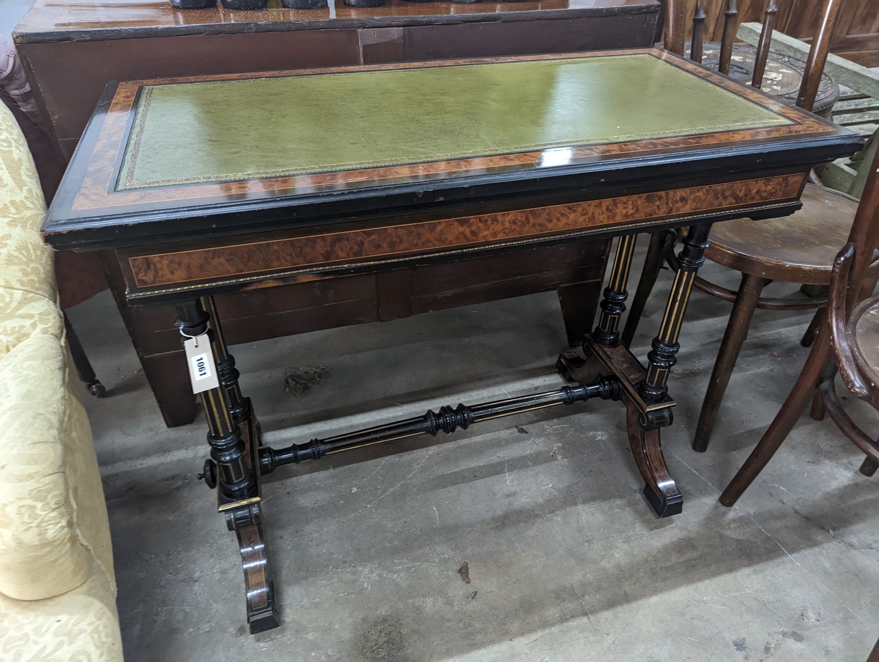 A late Victorian ebonised and bird's eye maple folding writing / card table, width 91cm, depth 48cm, height 75cm